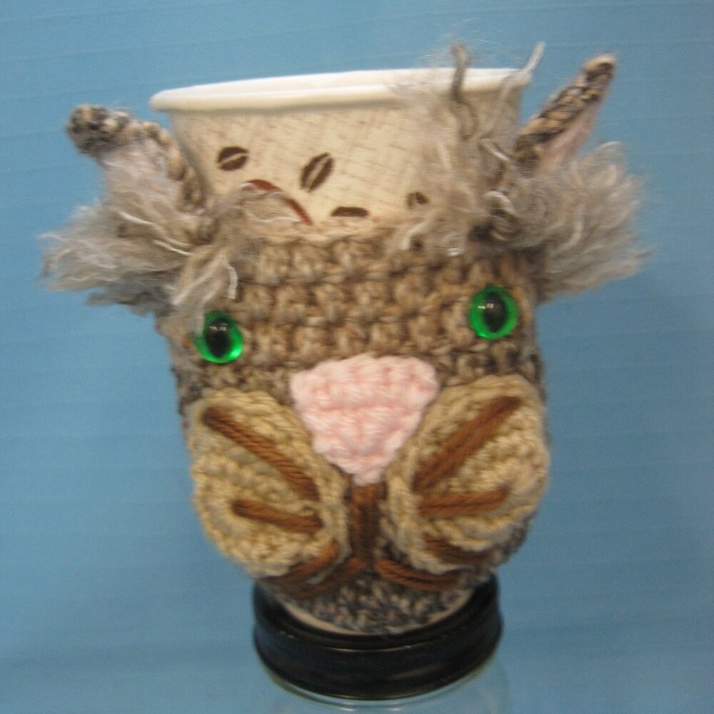 Green Eyed Kitty Cat  Crochet Cup Cozy Holder